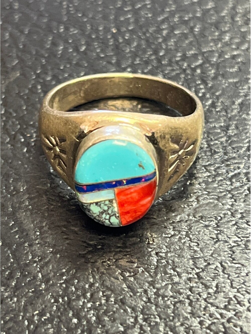 Navajo handmade cluster turquoise sterling silver inlay ring size 10